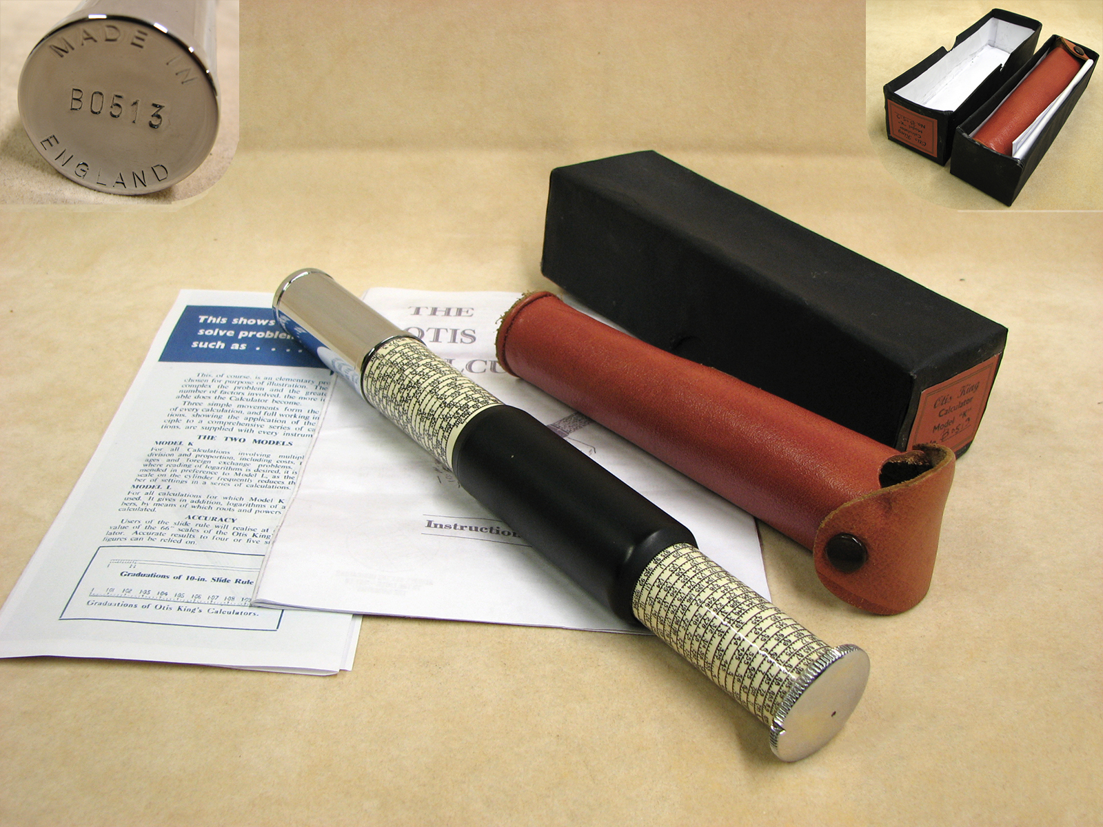 Early 1970's Otis King Model K type C leather cased cylindrical slide rule calculator